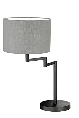 Fischer & Honsel Tischleuchte Rota, Schreibtischlampe mit verstellbarem Lampenschirm aus Leinen, 1 x E27-Fassung, Sandschwarz, Grau & Weiß, Höhe: 55,5cm, Ø30cm von Fischer & Honsel