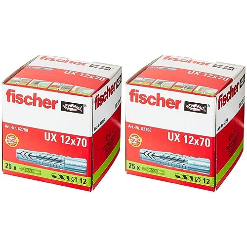 FISCHER 62758 Universaldübel UX 12 x 70, Schachtel mit 25 Nylondübeln, Allzweckdübel ohne Rand, für optimalen Halt bei Befestigungen in Beton, Gipskarton, Kalksand-Lochstein UVM. (Packung mit 2) von fischer