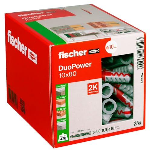 fischer DuoPower 10 x 80, Universaldübel, leistungsstarker 2-Komponenten-Dübel, Kunststoffdübel zur Befestigung in Beton, Ziegeln, Stein, Gipsbauplatten uvm., ohne Schrauben, 25 Stück von fischer