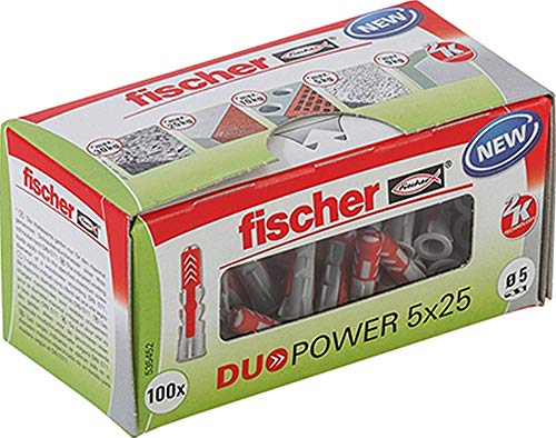 fischer DUOPOWER 5 x 25, Universaldübel, leistungsstarker 2-Komponenten-Dübel, Kunststoffdübel zur Befestigung in Beton, Ziegeln, Stein, Gipskarton uvm., ohne Schrauben, 100 Stück von fischer