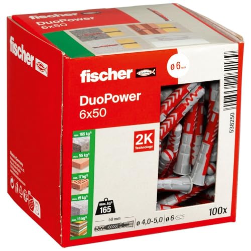 fischer DuoPower 6 x 50, Universaldübel, leistungsstarker 2-Komponenten-Dübel, Kunststoffdübel zur Befestigung in Beton, Ziegeln, Stein, Gipskarton uvm., ohne Schrauben, 100 Stück von fischer