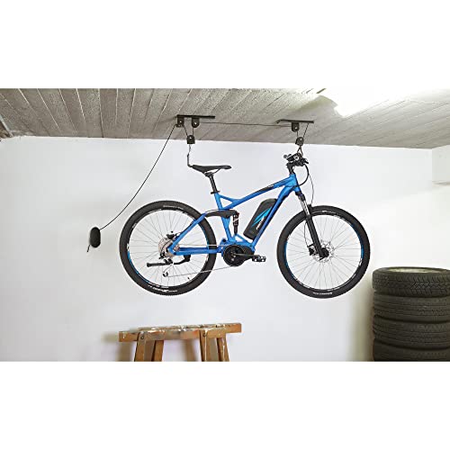 FISCHER Fahrradlift Plus | Tragkraft bis 30 kg | Fahrradhalterung | Deckenhalterung für Fahrräder und E-Bikes | Bis zu 4 m Deckenhöhe | mechanisch | Deckenlift, Aluminium, Schwarz von Fischer