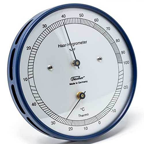 Fischer 111.48T - Haar-Hygrometer mit Thermometer - 103mm Außen-Luftfeuchtigkeitsmesser Made in Germany – Edelstahl blau von Fischer