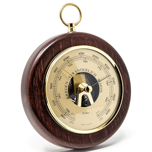 Fischer 1366R-22 Barometer - 140 mm Druckmessgerät mit Echtholz-Gehäuse gebeizt mahagonifarben - Messing - Made in Germany von Fischer