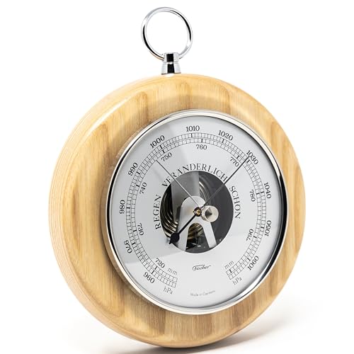 Fischer 1366RS-32 Barometer - 140 mm Druckmessgerät mit Esche-Echtholz-Gehäuse gebeizt - Messing - Made in Germany von Fischer
