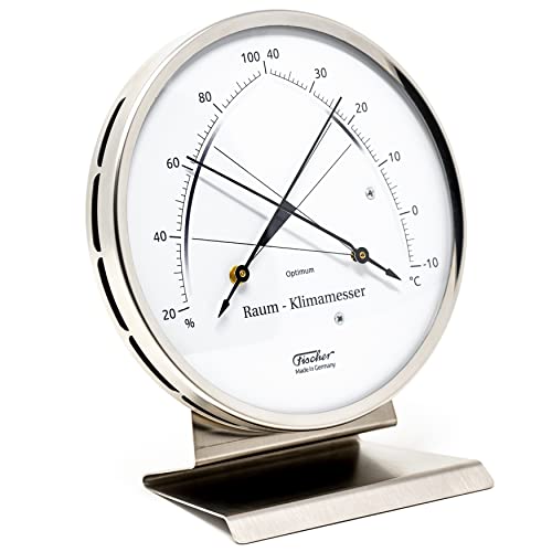 Fischer 146.01-01 - Raum-Klimamesser - 130mm Synthetic-Hygrometer und Thermometer mit Sockel, Edelstahl, Made in Germany von Fischer