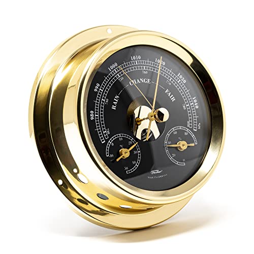 Fischer 1508BTH-45.6 – maritime Wetterstation – 125mm Barometer, schwarzes Ziffernblatt, Messing-Gehäuse Made in Germany von Fischer