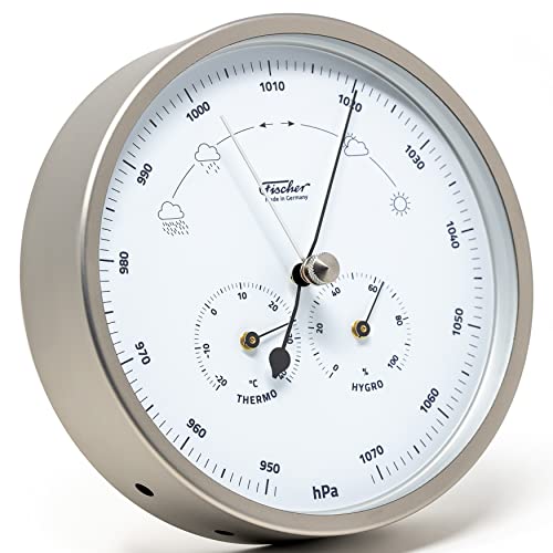 Fischer 1602-01 Außen-Wetterstation - 160mm Thermometer, Barometer, Hygrometer - Edelstahl, weißes Ziffernblatt, Made in Germany von Fischer