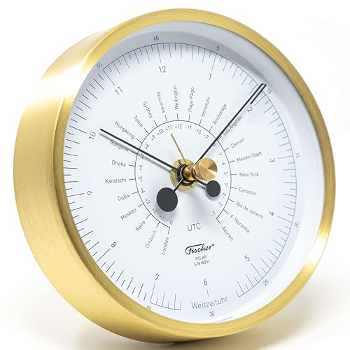 Fischer 1608W-45 POLAR Weltzeituhr - Quarz-Wanduhr mit Messing-Gehäuse 133mm - Design by Mark Braun, Made in Germany von Fischer