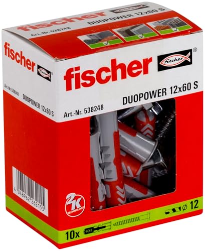 fischer DuoPower 12 x 60 S, Universaldübel mit Sicherheitsschraube, 2-Komponenten-Dübel, Kunststoffdübel zur Befestigung in Beton, Ziegeln, Stein, Gipskarton uvm., 10 Dübel + 10 Schrauben fischer DuoPower 12 x 60 S, Universaldübel mit Sicherheitsschraube, 2-Komponenten-Dübel, Kunststoffdübel zur Befestigung in Beton, Ziegeln, Stein, Gipskarton uvm., 10 Dübel + 10 Schrauben von fischer