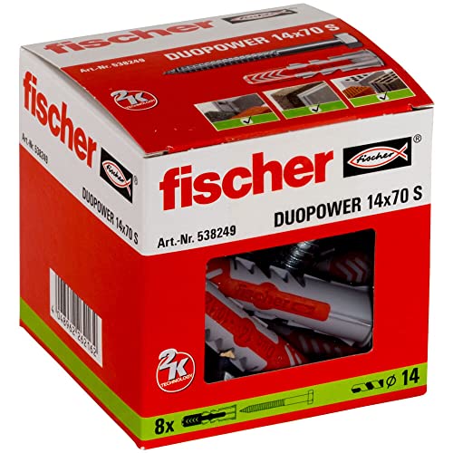 fischer DUOPOWER 14 x 70 S, Universaldübel mit Sicherheitsschraube, 2-Komponenten-Dübel, Kunststoffdübel zur Befestigung in Beton, Ziegeln, Stein uvm., 8 Dübel + 8 Schrauben von fischer