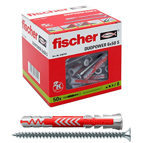 fischer DUOPOWER 6 x 50 S, Universaldübel mit Sicherheitsschraube, 2-Komponenten-Dübel, Kunststoffdübel zur Befestigung in Beton, Ziegeln, Stein, Gipskarton uvm., 50 Dübel + 50 Schrauben von fischer