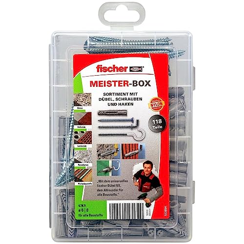 fischer MEISTER-BOX UX mit Schrauben und Haken, Dübelset mit 118 Teilen, Universaldübel (50 Stk. 6 x 35 R, 25 Stk. 8 x 50 R), für alle Baustoffe, praktische Dübelkiste für Heimwerker & Profis von fischer