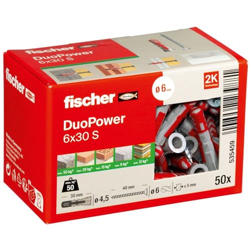 fischer DuoPower 6 x 30 S, Universaldübel mit Sicherheitsschraube, 2-Komponenten-Dübel, Kunststoffdübel zur Befestigung in Beton, Ziegeln, Stein, Gipskarton uvm., 50 Dübel + 50 Schrauben von fischer