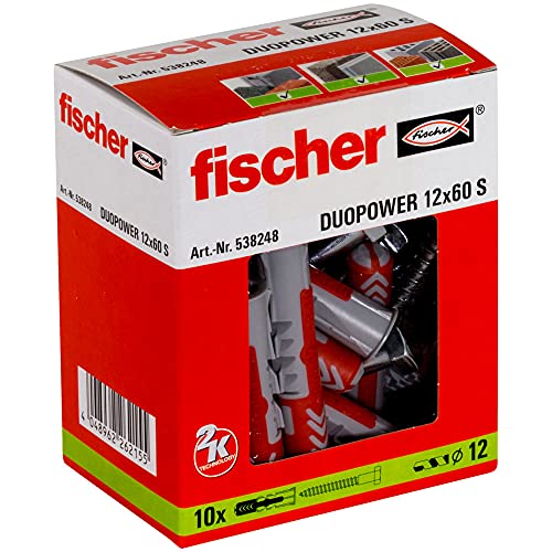 fischer DuoPower 12 x 60 S, Universaldübel mit Sicherheitsschraube, 2-Komponenten-Dübel, Kunststoffdübel zur Befestigung in Beton, Ziegeln, Stein, Gipskarton uvm., 10 Dübel + 10 Schrauben von fischer