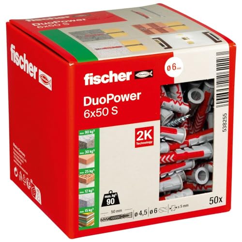 fischer DuoPower 6 x 50 S, Universaldübel mit Schraube, 2-Komponenten-Dübel, Kunststoffdübel zur Befestigung in Beton, Ziegeln, Stein, Gipskarton uvm., 50 Dübel + 50 Schrauben von fischer