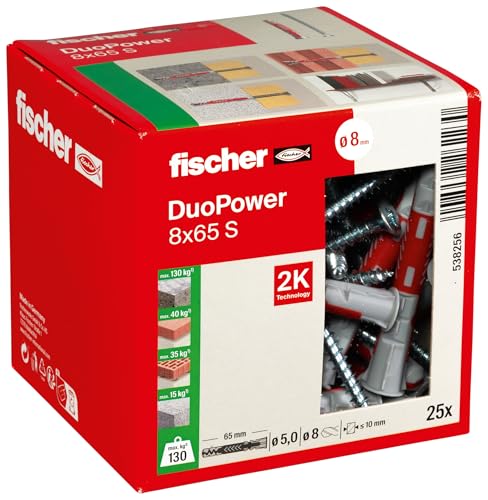 fischer DuoPower 8 x 65 S, Universaldübel mit Sicherheitsschraube, 2-Komponenten-Dübel, Kunststoffdübel zur Befestigung in Beton, Ziegeln, Stein, Gipskarton uvm., 25 Dübel + 25 Schrauben fischer DuoPower 8 x 65 S, Universaldübel mit Sicherheitsschraube, 2-Komponenten-Dübel, Kunststoffdübel zur Befestigung in Beton, Ziegeln, Stein, Gipskarton uvm., 25 Dübel + 25 Schrauben von fischer