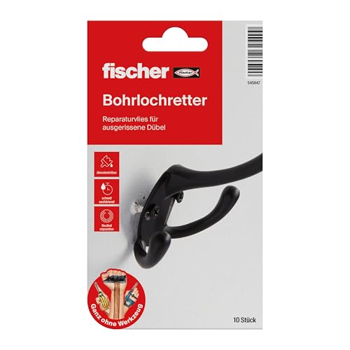 fischer Bohrlochretter, Reparaturvlies für ausgerissene Dübel in Weiß, Ausbesserung ausgerissener Bohrlöcher, erneute Befestigung von Dübeln in Baustoffen wie Holz, Beton & Gipskarton, 10 Stück von fischer