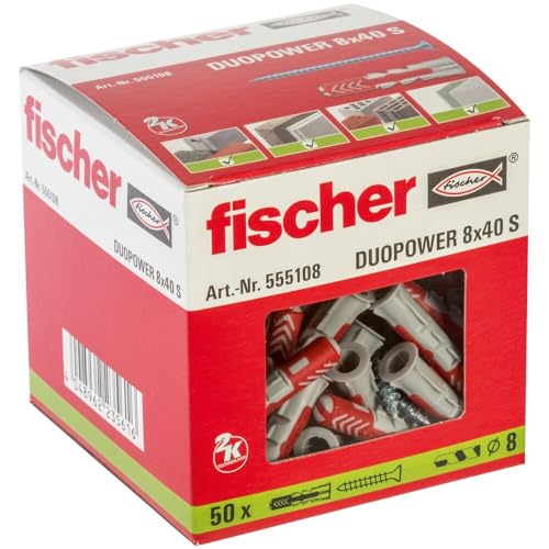 fischer DuoPower 8 x 40 S, Universaldübel mit Sicherheitsschraube, 2-Komponenten-Dübel, Kunststoffdübel zur Befestigung in Beton, Ziegeln, Stein, Gipskarton uvm., 50 Dübel + 50 Schrauben von fischer