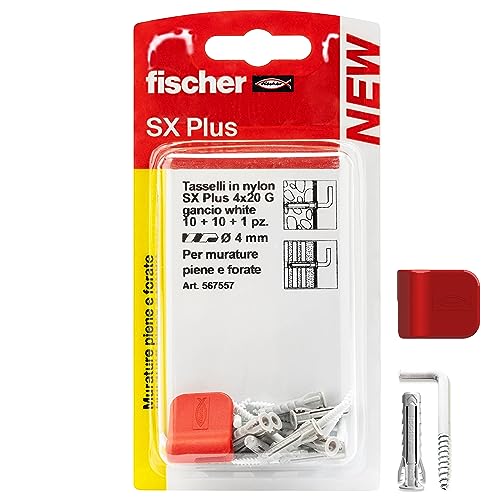 Fischer 567557 Bilderhaken, weiß, mit Dübeln 4 mm und Befestigungsclips, saubere Wandmontage für schwere Rahmen, 10 Stück von fischer