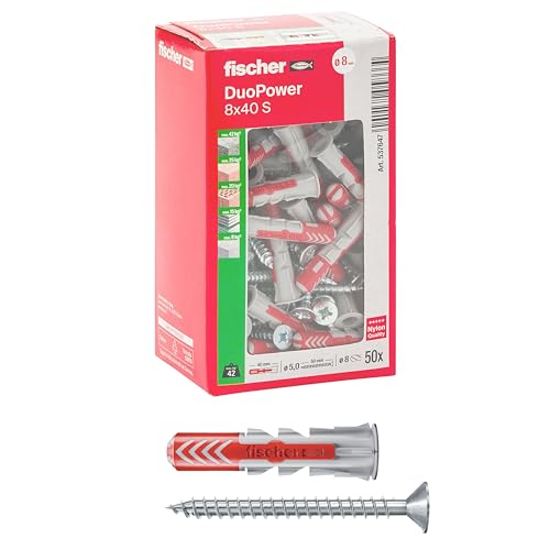 Fischer 50 x Dübel mit Schraube DuoPower 8 x 40 mm, für Mauern, Lochstein, Gipskarton, 537647 Fischer 50 x Dübel mit Schraube DuoPower 8 x 40 mm, für Mauern, Lochstein, Gipskarton, 537647 von Fischer