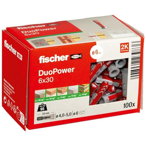 fischer DuoPower 6 x 30 S, Universaldübel mit Sicherheitsschraube, 2-Komponenten-Dübel, Kunststoffdübel zur Befestigung in Beton, Ziegeln, Stein, Gipskarton uvm., 50 Dübel + 50 Schrauben von fischer