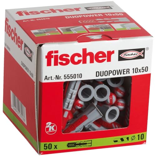 fischer DUOPOWER 10 x 50, Universaldübel, leistungsstarker 2-Komponenten-Dübel, Kunststoffdübel zur Befestigung in Beton, Ziegeln, Stein, Gipskarton uvm., ohne Schrauben, 50 Stück, Grau von fischer