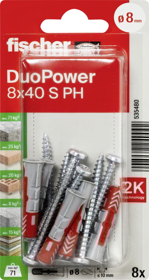 Fischer Dübel-Set DuoPower S PH 8 x 40 mm mit Schraube - 8 Stück von Fischer