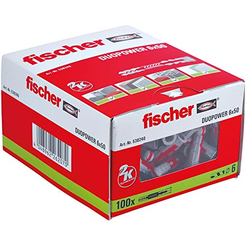 fischer DuoPower 6 x 50, Universaldübel, leistungsstarker 2-Komponenten-Dübel, Kunststoffdübel zur Befestigung in Beton, Ziegeln, Stein, Gipskarton uvm., ohne Schrauben, 100 Stück von fischer