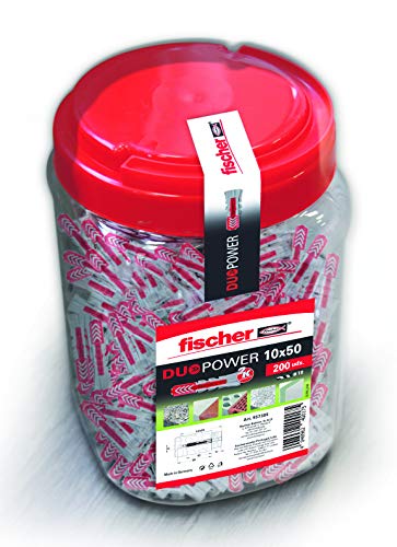 fischer 557385 Wanddübel 10x50 Beton, Dose Eimer mit 10 x 50 Duopower (200 Stück), Grau/Rot, 10x50/200 uds von fischer