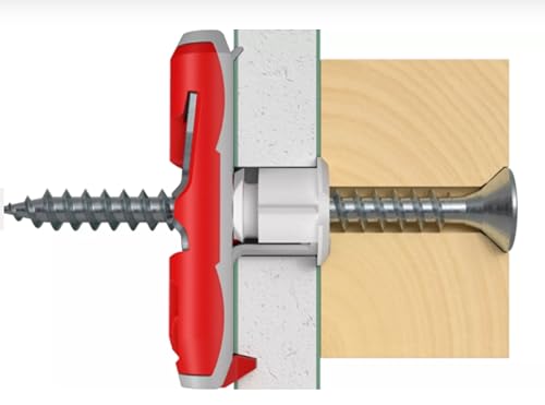 fischer 539025 DUOTEC 10 S PH, Kippdübel mit Panheadschraube, 2-Komponenten, Hohlraumdübel zur Befestigung in Gipskarton, Gipsfaser, Holz-& Stahlplatten uvm, Dübel + 25 Schrauben, grau/rot von fischer