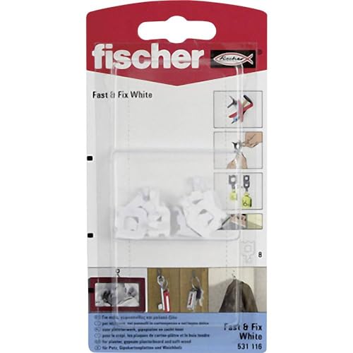 fischer Fast & Fix weiß - Wandhaken zum werkzeuglosen Befestigen von Bildern, Kleinteilen in Gipskarton, Weichholz, Putz - 8 Stück - Art.-Nr. 531116 von fischer