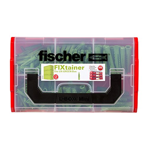 fischer FIXtainer UX-GREEN-Box, Dübelset mit 210 Dübeln (120 Stk. 6 x 35, 60 Stk. 8 x 50, 30 Stk. 10 x 60), aus mind. 50 % nachwachsenden Rohstoffen, praktische Werkzeugkiste, ohne Schrauben von fischer