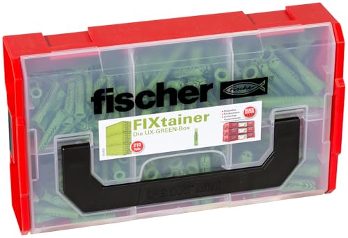 fischer FIXtainer UX-GREEN-Box, Dübelset mit 210 Dübeln (120 Stk. 6 x 35, 60 Stk. 8 x 50, 30 Stk. 10 x 60), aus mind. 50 % nachwachsenden Rohstoffen, praktische Werkzeugkiste, ohne Schrauben von fischer