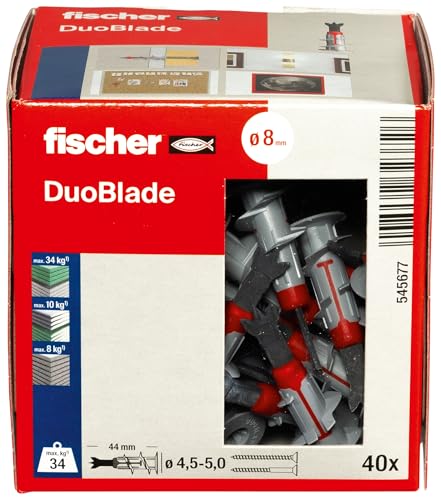 fischer DuoBlade, selbstbohrender Gipskartondübel, starker Dübel für einfache Montage in Gipskarton- und Gipsfaserplatten, mit Zentrierspitze aus Metall, 40 Stück von fischer