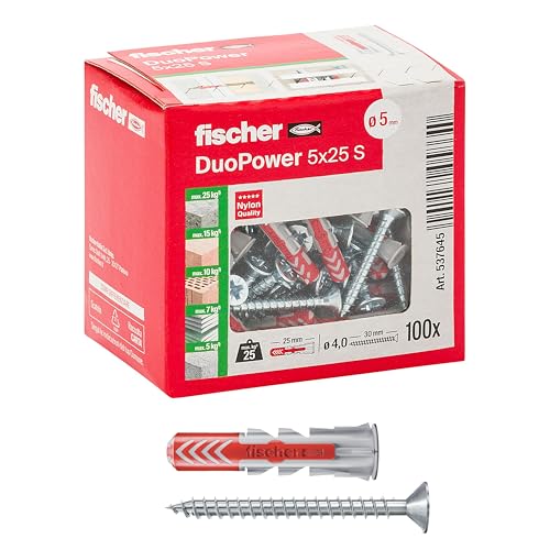 Fischer 100 Dübel mit Schraube DuoPower 5 x 25 mm, für Mauern, Lochstein, Gipskarton, 537645 Fischer 100 Dübel mit Schraube DuoPower 5 x 25 mm, für Mauern, Lochstein, Gipskarton, 537645 von Fischer