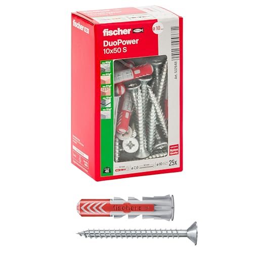 Fischer 25 x Dübel mit Schraube DuoPower 10 x 50 mm, für Mauern, Lochstein, Gipskarton, 537648 von fischer