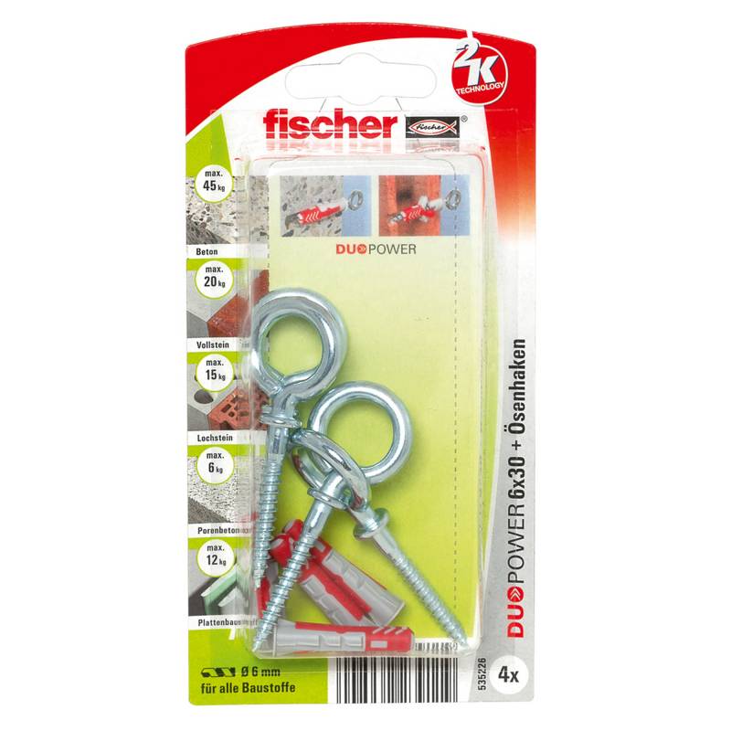 Fischer Montage-Set 'Duopower' Dübel und Ösenhaken, Ø 6 x 30 mm, 8-teilig von Fischer
