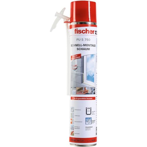 fischer Schnell-Montageschaum PU S 750, Bauschaum für Verfüllung, Dämmung & Isolierung, PU-Schaum inkl. Adapter für sofortigen Einsatz, 750 ml von fischer