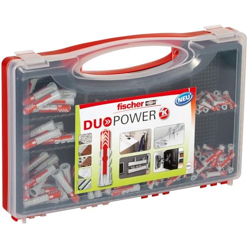 fischer Red-Box DuoPower, Sortimentbox mit 280 DuoPower Dübeln (30 Stk. 5 x 25, 140 Stk. 6 x 30, 80 Stk. 8 x 40, 30 Stk. 10 x 50), vorsortiertes Dübel-Set für zahlreiche Baustoffe und Befestigungen von fischer