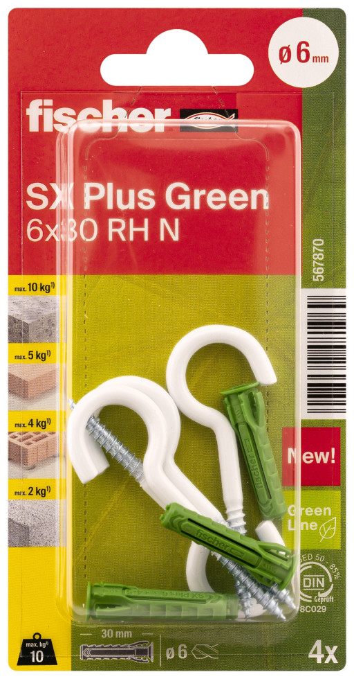 Fischer Spreizdübel mit Rundhaken SX Plus Green 6.0 x 30 mm - 4 Stück von Fischer
