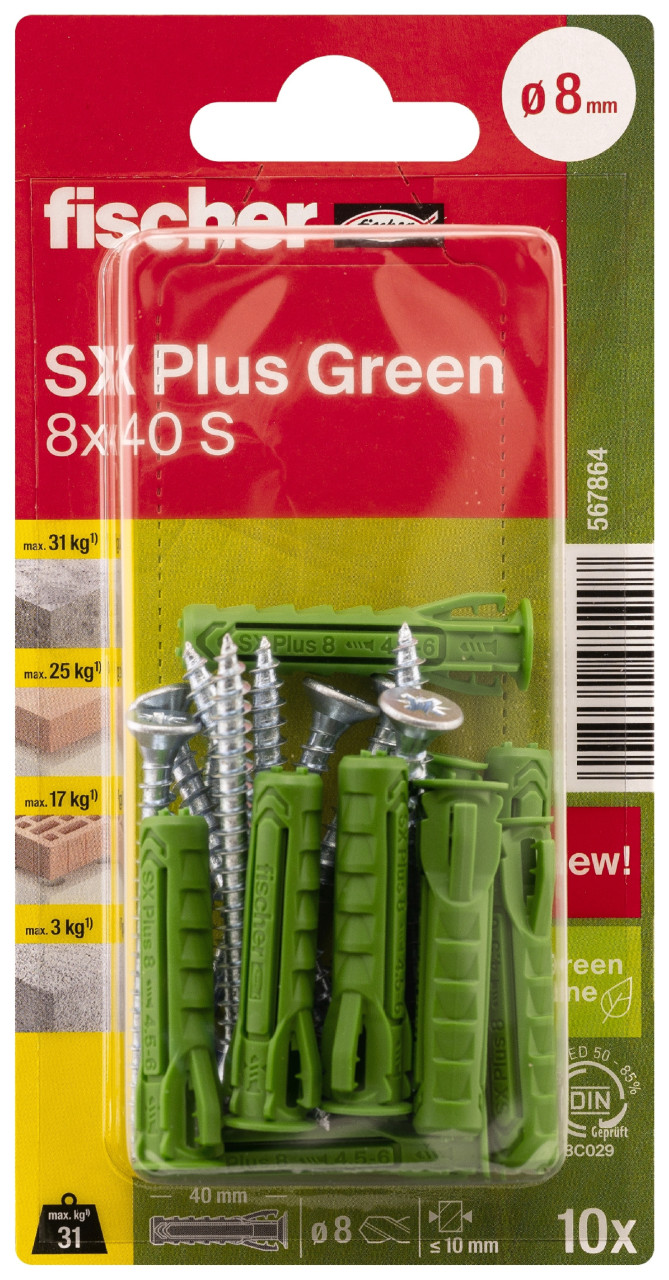 Fischer Spreizdübel mit Schrauben SX Plus Green 8.0 x 40 mm - 10 Stück von Fischer