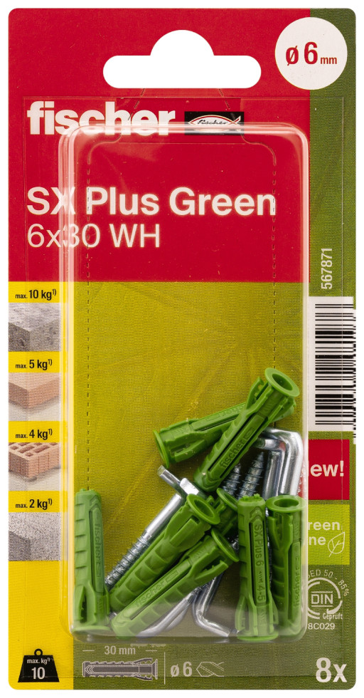 Fischer Spreizdübel mit Winkelhaken SX Plus Green 6.0 x 30 mm - 8 Stück von Fischer