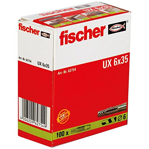 fischer Universaldübel UX 6 x 35, Schachtel mit 100 Nylondübeln, Allzweckdübel ohne Rand, für optimalen Halt bei Befestigungen in Beton, Gipskarton, Kalksand-Lochstein uvm., Standard von fischer