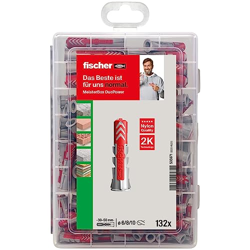 fischer Meister-Box DuoPower, Dübelbox mit 132 Dübeln (60 Stk. 6 x 30, 60 Stk. 8 x 40, 12 Stk. 10 x 50), Universaldübel, praktisches Set, Dübelkiste für Heimwerker & Profis, ohne Schrauben von fischer