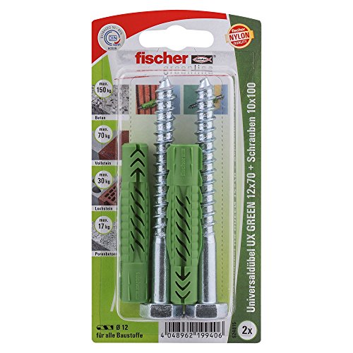 fischer 524815 12x70 S K, Inhalt: 2 x Universaldübel UX Green 12 x 70, 2 x 6-kt-Schraube 10 x 100 von fischer