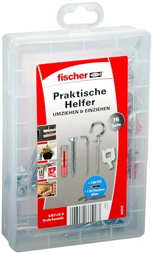 fischer Praktische Helfer Umziehen & Einziehen, Dübelbox mit 76 Haken, Schrauben & DUOPOWER Dübel (15 Stk. 5 x 25, 20 Stk. 6 x 30), universelles Set für alle Befestigungen, inkl. passendem Bit von fischer