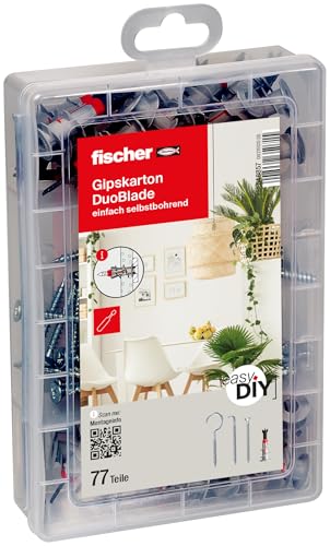 fischer easyDIY Box Gipskarton DuoBlade, 77-teiliges Dübel- und Schraubenset, für Heimwerker, mit Winkel- und Rundhaken, der selbstbohrende Gipskartondübel für die einfache und schnelle Montage von fischer