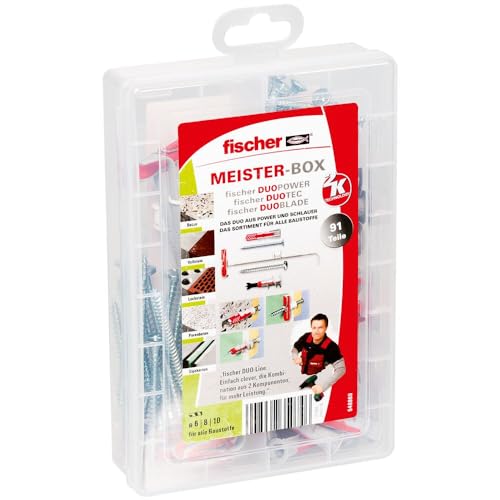 fischer Meister-Box DuoLine, Dübel- & Schrauben-Set mit 91 Schrauben, DuoTec 10, DuoBlade & DuoPower Dübeln (30 Stk. 6 x 30, 15 Stk. 8 x 40), praktische Montagebox zur Befestigung von fischer