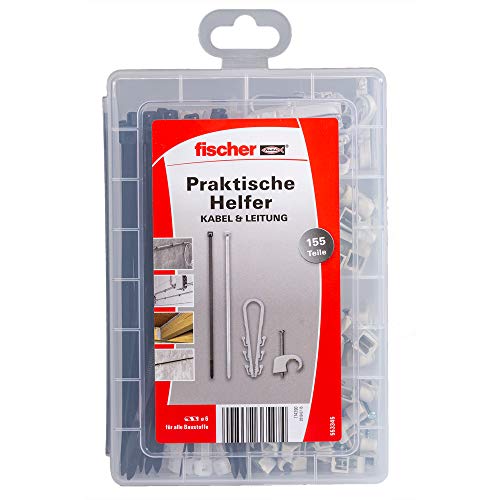 fischer Praktische Helfer Kabel & Leitung, Sortimentbox, 155-teilig mit Kabelbindern, Leitungsschlaufen & Nagelschellen, Set für Befestigungen von Kabeln, Leitungen und leichten Rohren von fischer